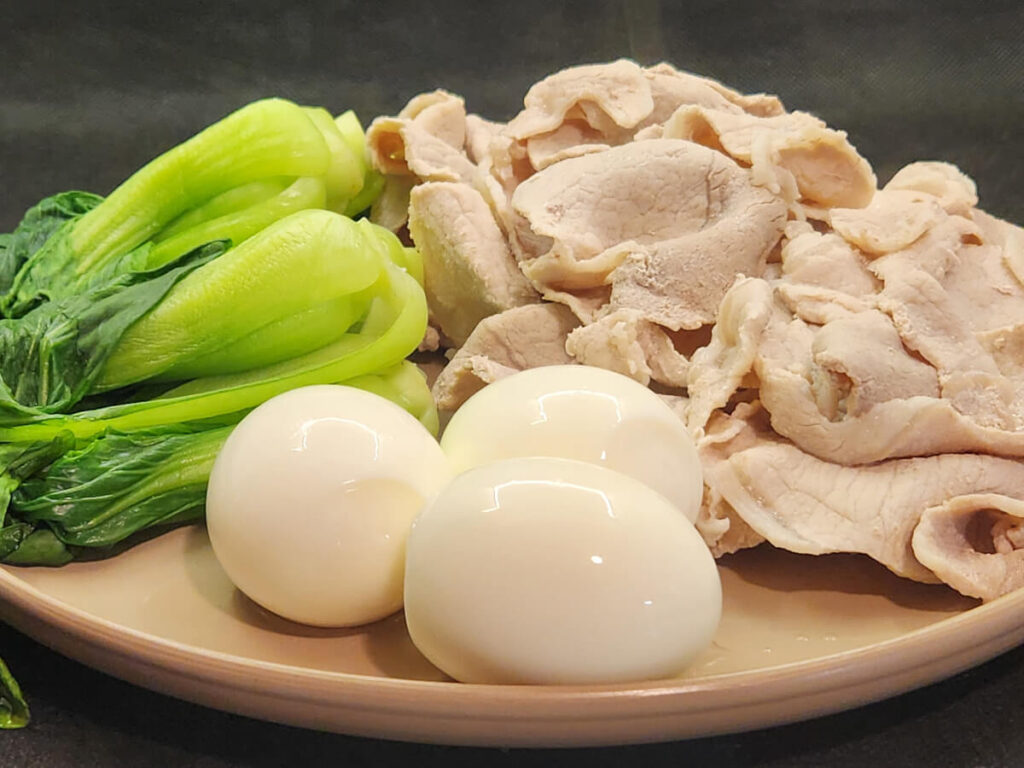 JAHZKITCHEN Blanched Bok Choy Simmered Meat Rolls and Soft Boiled Eggs