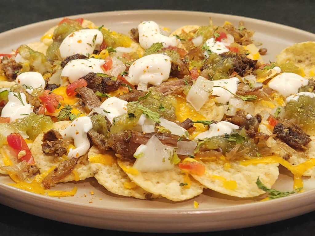 JAHZKITCHEN Carnitas Nachos with Salsa Verde, Chiles de arbol and cilantro