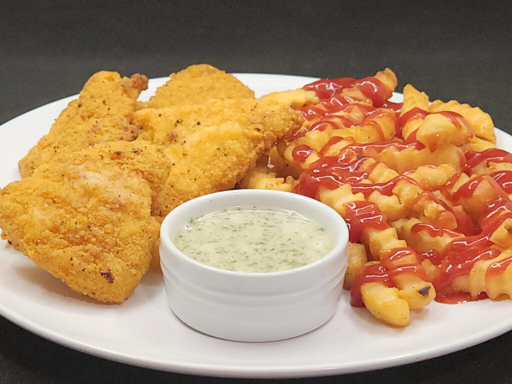 JAHZKITCHEN Chicken Fingers with Honey Dill Sauce and Crinkle Fries