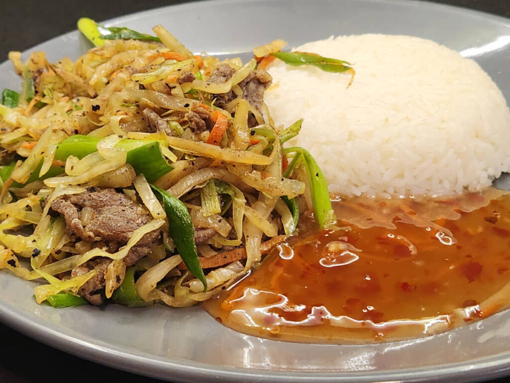 JAHZKITCHEN Beef Eggroll Stirfry with Steamed White Rice and Plum Sauce