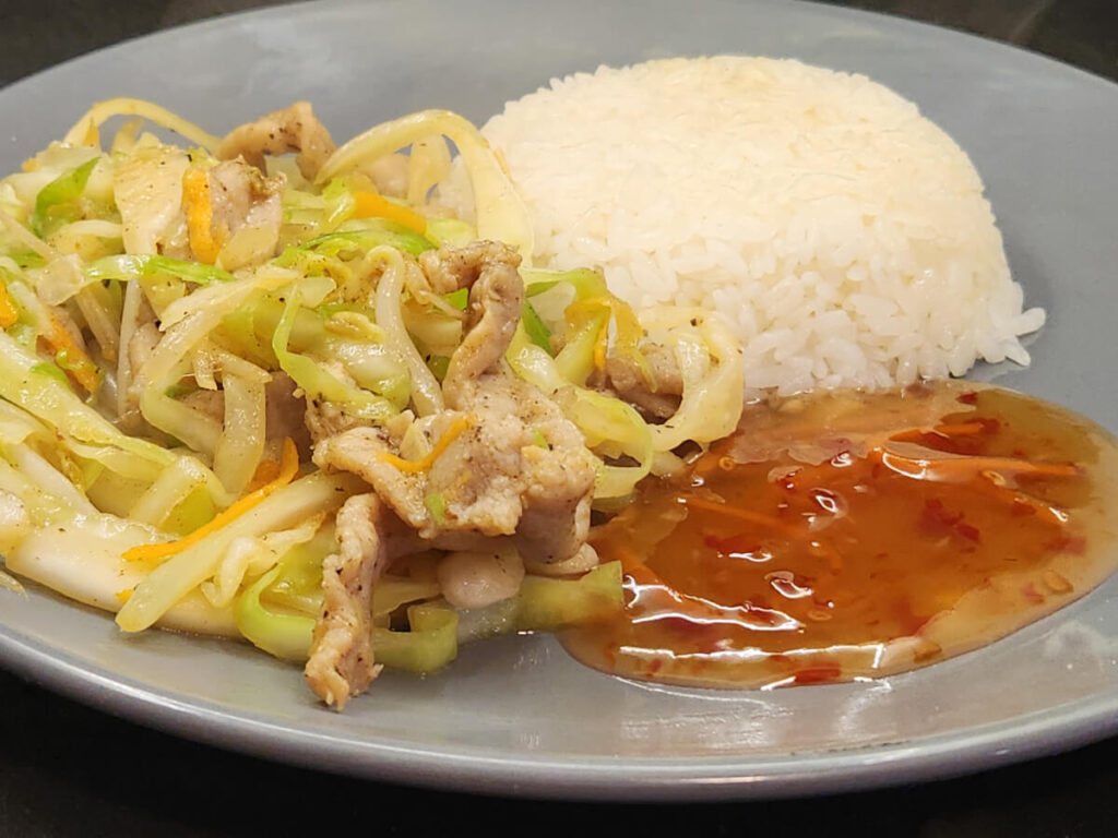 JAHZKITCHEN Plate of Eggroll Stirfry with steamed white rice and plum sauce